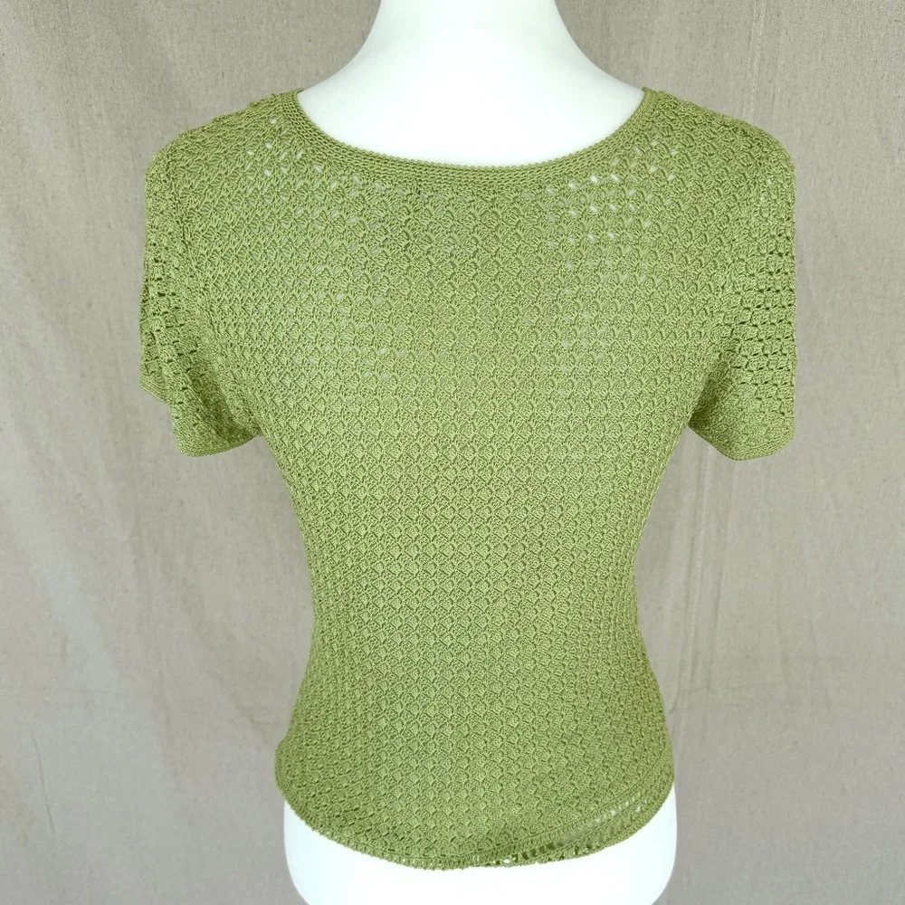 Vintage Emma James Green Crochet Short Sleeve Button Up Blouse Size S - Picture 5 of 7